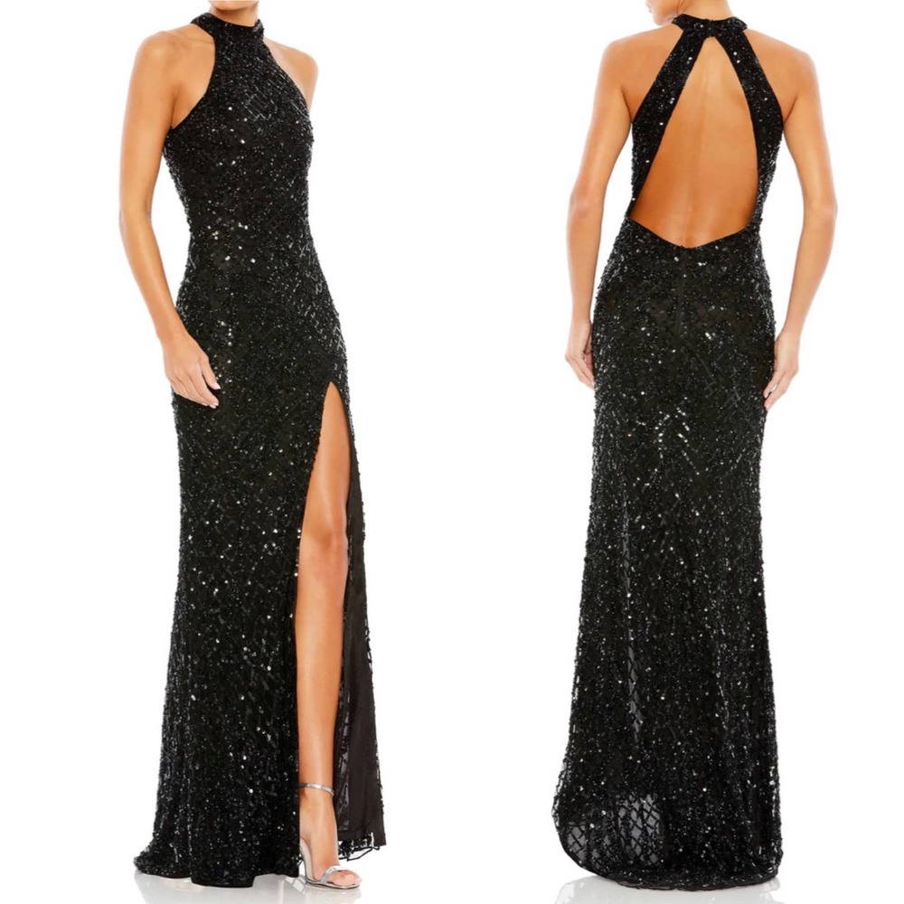 Mac Duggal 4112 Black Sequin Halter Open Back Formal Gown Size 12 NWT